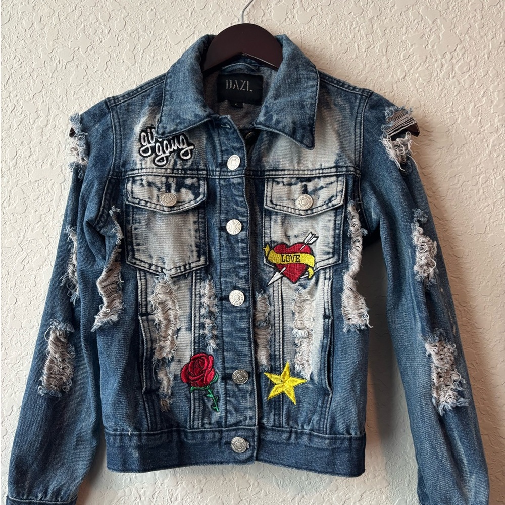 Dazl Embroidered Distressed Denim Jacket